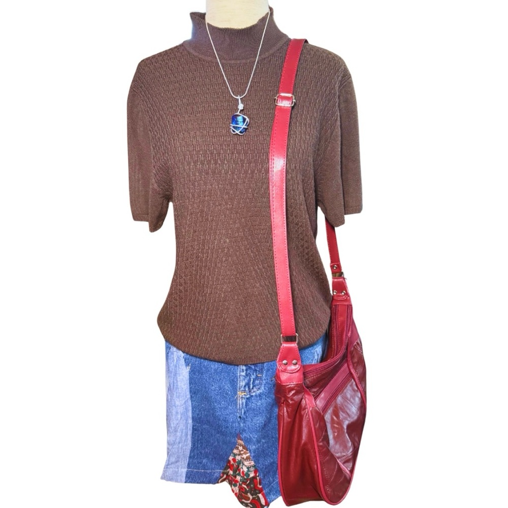 Vintage 90s Academia Chocolate Brown Knit Mock Neck Sweater Size Petite Large